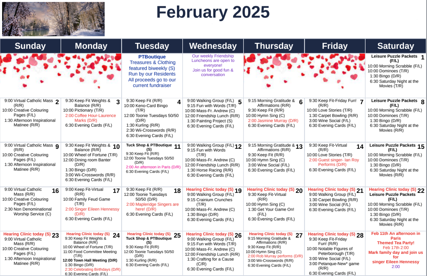 Example of a monthly activities calendar.